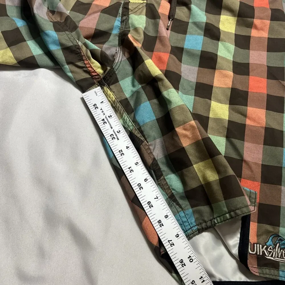 Quiksilver Board Shorts Sz 34 Vintage Retro Style Checker Plaid Brown Blue Swim